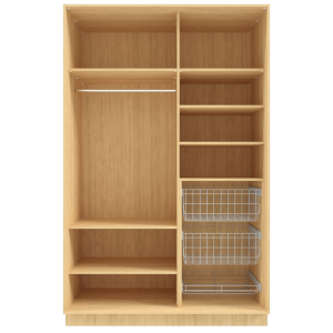 Garderoob Kahe Liuguksega Pähkel Parona Peegliga Kahe Pesukorvi ja Ühe Jalatsikorviga paremal.