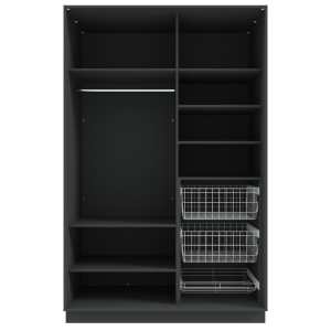 Garderoob Kahe Liuguksega Must Struktuurne Peegliga Kahe Pesukorvi ja Ühe Jalanõudekorviga paremal.