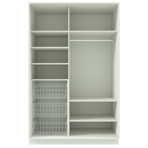 Garderoob Riidekapp Kahe Liuguksega Valge Kolme Pesukorviga vasakul