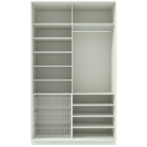 Garderoob Riidekapp Kahe Liuguksega Valge Struktuurne Kolme Pesukorviga vasakul.