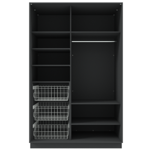 Garderoob Riidekapp Kahe Liuguksega Must Struktuurne Peegliga Kolme Pesukorviga vasakul.