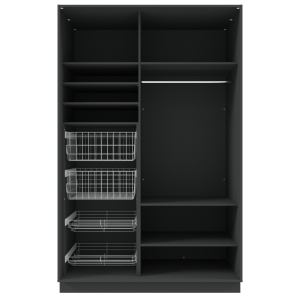 Garderoob Riidekapp Kahe Liuguksega Must Struktuurne Kahe Pesukorvi ja Kahe Jalanõudekorviga vasakul.