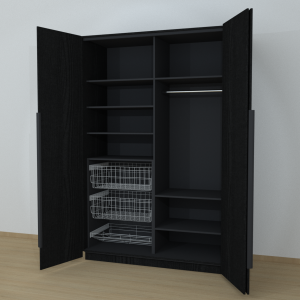 Riidekapp Garderoob Voldikuksega Kahe Pesukorviga Ühe Jalatsikorviga Vasakul Must Struktuurne