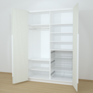 Riidekapp Garderoob Voldikuksega Kahe Pesukorviga Ühe Jalatsikorviga Paremal Valge Struktuurne