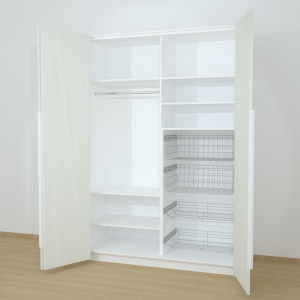 Riidekapp Garderoob Voldikuksega Kahe Pesukorviga Kahe Jalatsikorviga Paremal Valge Struktuurne