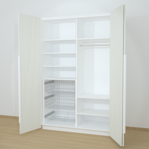 Riidekapp Garderoob Voldikuksega Kahe Pesukorviga Ühe Jalatsikorviga Vasakul Valge Struktuurne