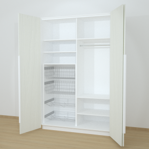 Riidekapp Garderoob Voldikuksega Kahe Pesukorviga Kahe Jalatsikorviga Vasakul Valge Struktuurne