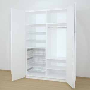 Riidekapp Garderoob Voldikuksega Kahe Pesukorviga Ühe Jalatsikorviga Vasakul Valge 