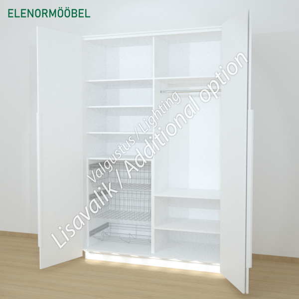 Riidekapp Garderoob Voldikuksega Kahe Pesukorviga Ühe Jalatsikorviga Vasakul Valge 